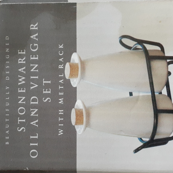 Beautifully Designed Minimalist Stoneware Oil & Vinegar Set with Metal Rack - Picture 2 of 3